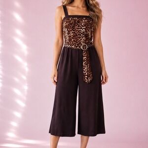 Vintage Leopard Print Wide Leg Jumpsuit Brown Y2K S/M y2k cheetah girls